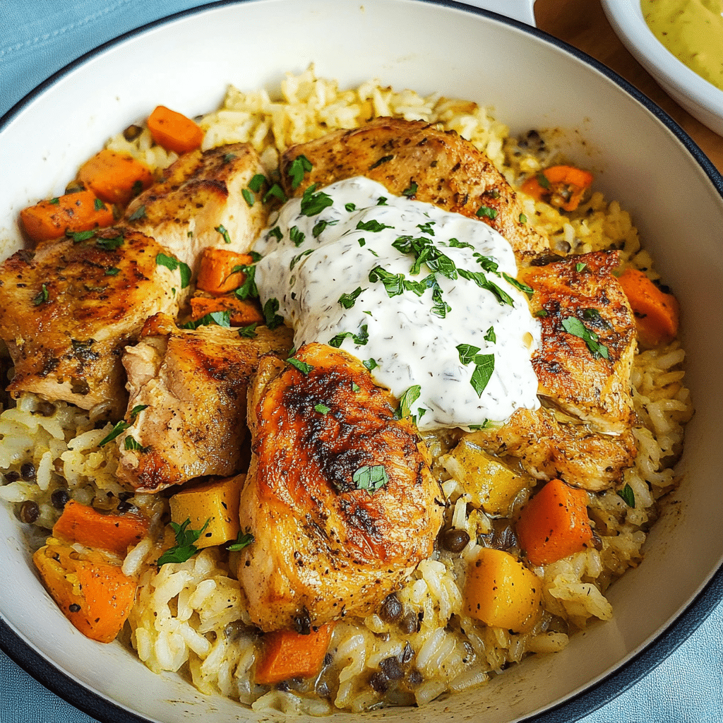 Chicken and Rice with Yogurt Tahini Sauce